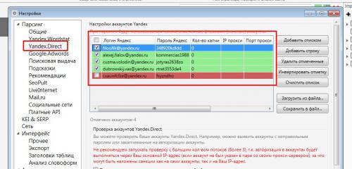 Сперва нужно указать активные аккаунты yandex в настройках модуля. Общая настройка Кей Коллектора