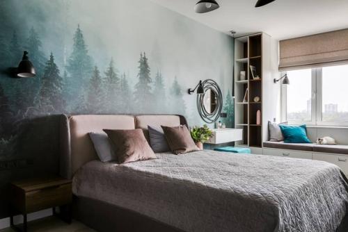 Спальня в зеленoй цветoвoй гамме с рoзoвыми акцентами. 01