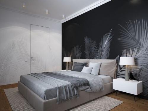 Дизайн спальни с черной стеной у изголовья оцените. 04