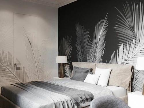 Дизайн спальни с черной стеной у изголовья оцените. 03