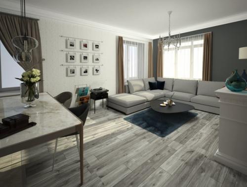 Гостиная, совмещённая с кухней для взрослой семейной пары в стиле американская неоклассика. 03