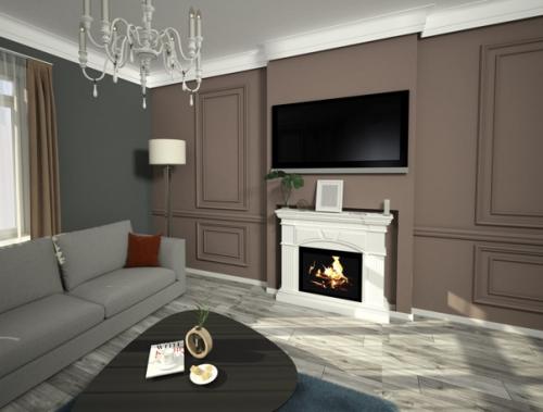 Гостиная, совмещённая с кухней для взрослой семейной пары в стиле американская неоклассика. 08