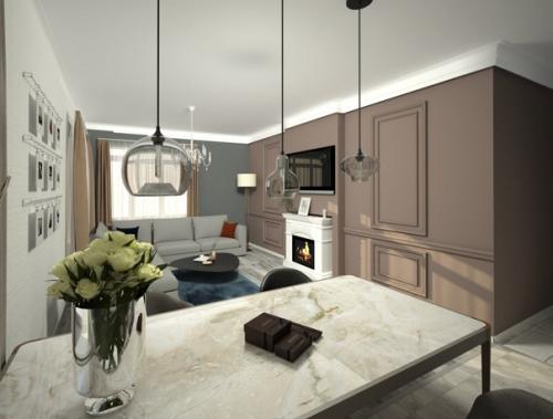 Гостиная, совмещённая с кухней для взрослой семейной пары в стиле американская неоклассика. 07