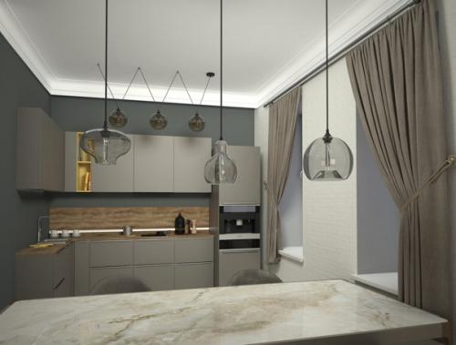 Гостиная, совмещённая с кухней для взрослой семейной пары в стиле американская неоклассика. 05