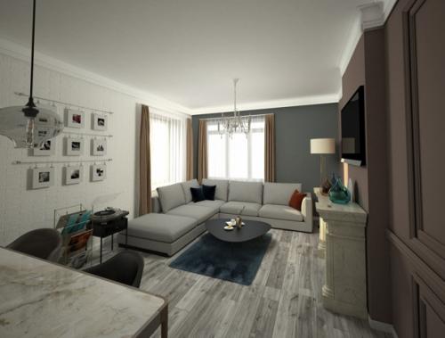 Гостиная, совмещённая с кухней для взрослой семейной пары в стиле американская неоклассика. 06