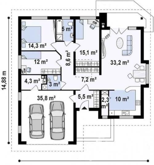 Дачный лайфхак. Просторный дом в один этаж с гаражом под два авто. 06
