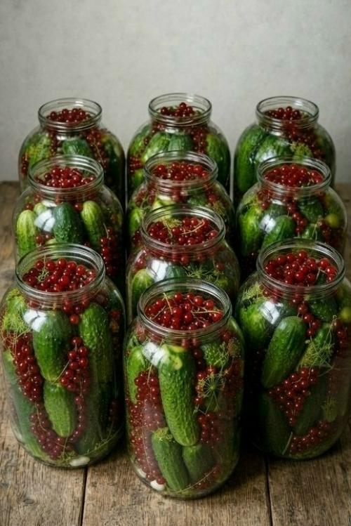 Маринованные огурцы с красной смородиной без уксуса.
