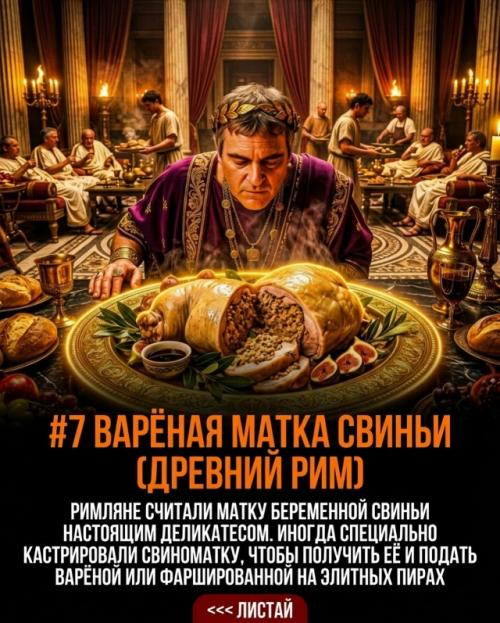 Роскошные пиры древних римских императоров часто шокировали своими безумными кулинарными шедеврами. 07