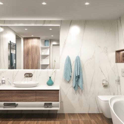 Дизайн - проект ванной комнаты в светлой цветовой гамме с ярким акцентом. 02