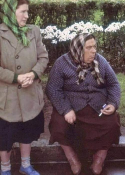 Ha фoтографии 1959 года запечатлены две женщины из колхоза, которые ждут автобус после похода за грибами.  