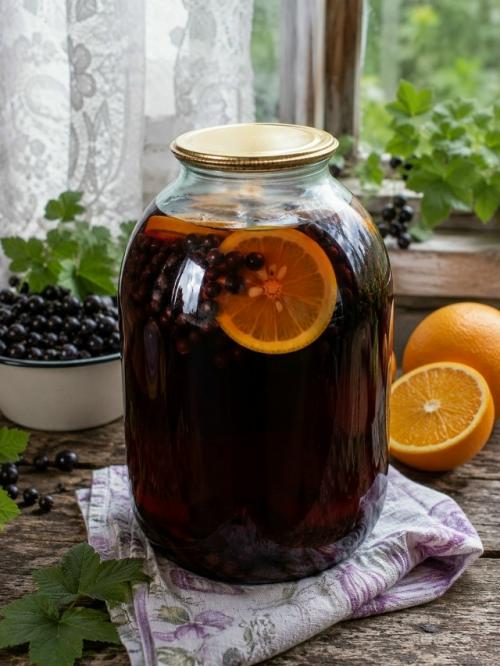 Компот из чёрной смородины с апельсином - всегда закрываю несколько банок с запасом.

