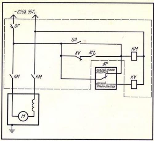 Схема управления насосом по давлению с электроконтактным манометром
