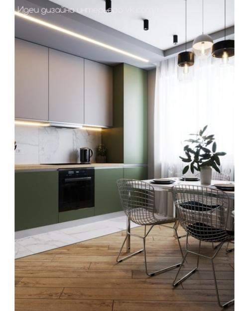 Кухня с зеленым гарнитуром, как вам такое решение. 02