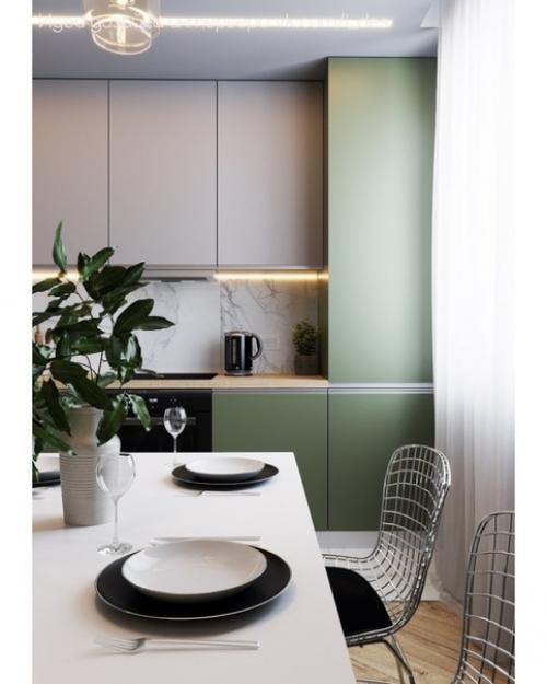 Кухня с зеленым гарнитуром, как вам такое решение. 01
